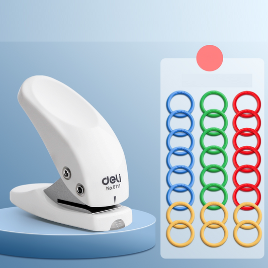 DELI Mini Single Hole Punch 6mm Hole with 24 Colorful Plastic Binding Rings White