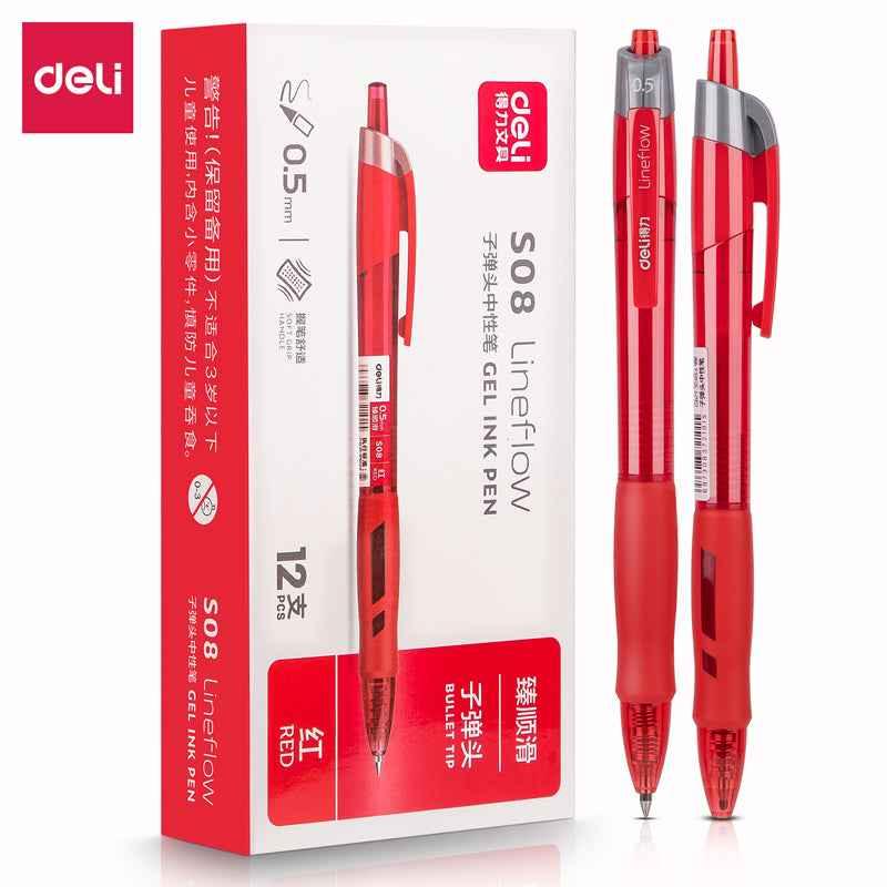 DELI S08 Gel-blekkpenner, Ekstra Fine Point 0,5 mm, Pakke med 12, Svart Rød Blå