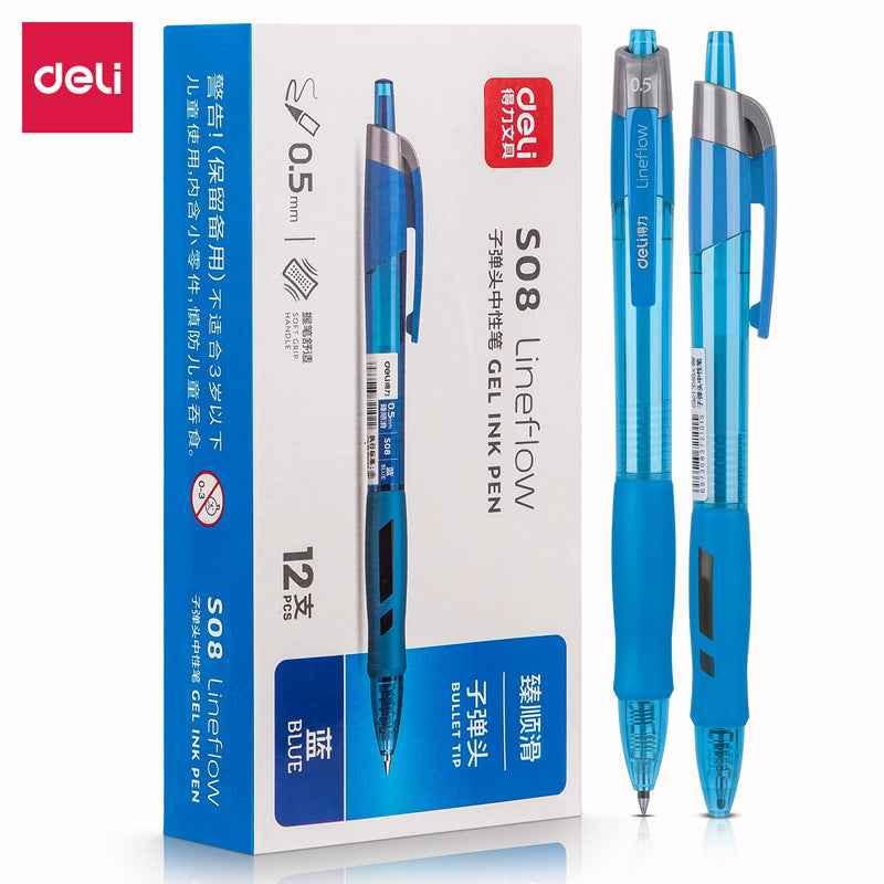 DELI S08 Gel-blekkpenner, Ekstra Fine Point 0,5 mm, Pakke med 12, Svart Rød Blå
