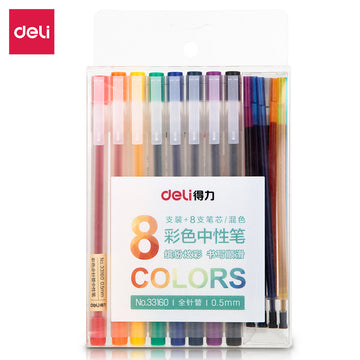 DELI 8-Farben-Gel-Tintenstift mit 8 Ersatzminen, 0,5-mm-Nadelspitze