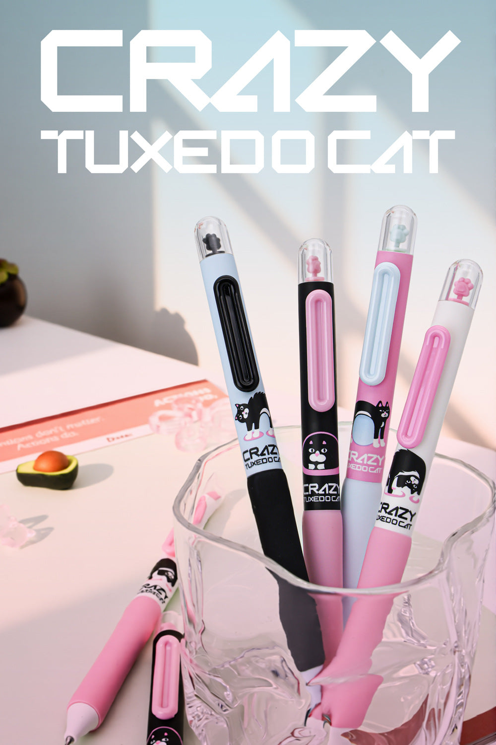 DOMI Crazy Tuxedo Cat Retractable Gel Pens 0.5mm Black Ink 12 Pack