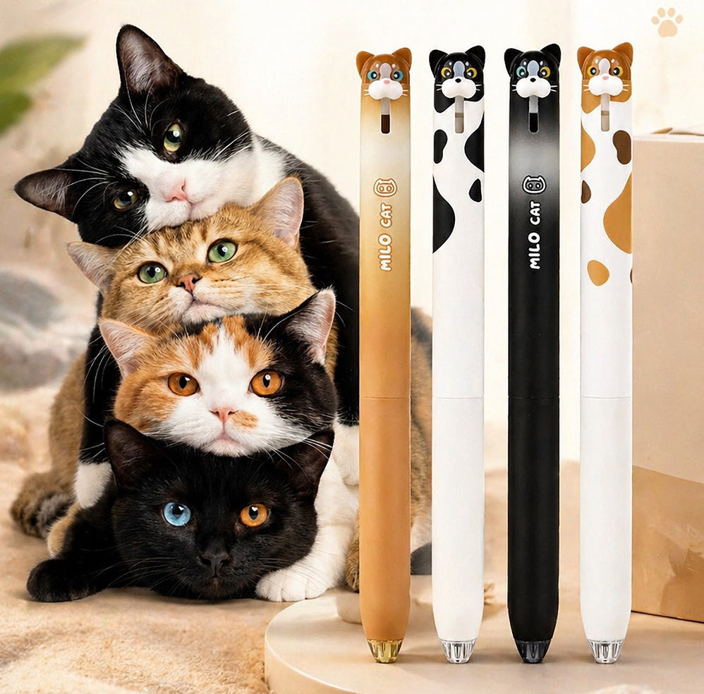 DOMI MILO Cat Retractable Gel Pens | 0.5mm Black Ink,12 Pack