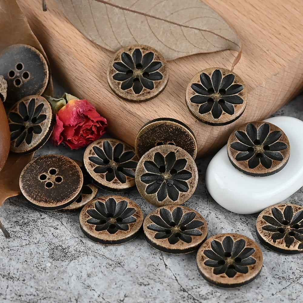11-20mm Vintage Distressed Laser Engraved Wood Buttons for Children's Clothing 50pcs Flower