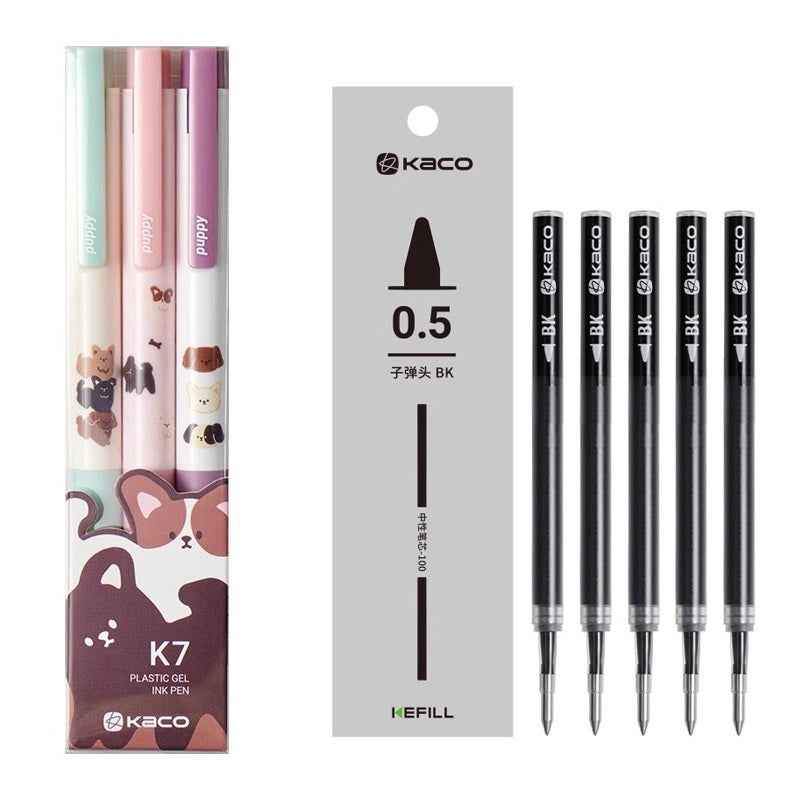 KACO K7 3pcs Kawaii Dog Puppy Gel Pens with 5pcs Black Ink Refills