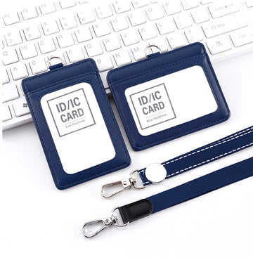 Genuine Leather ID Card Holder Set with Lanyard | Landscape & Portrait (2-Pack) Blue