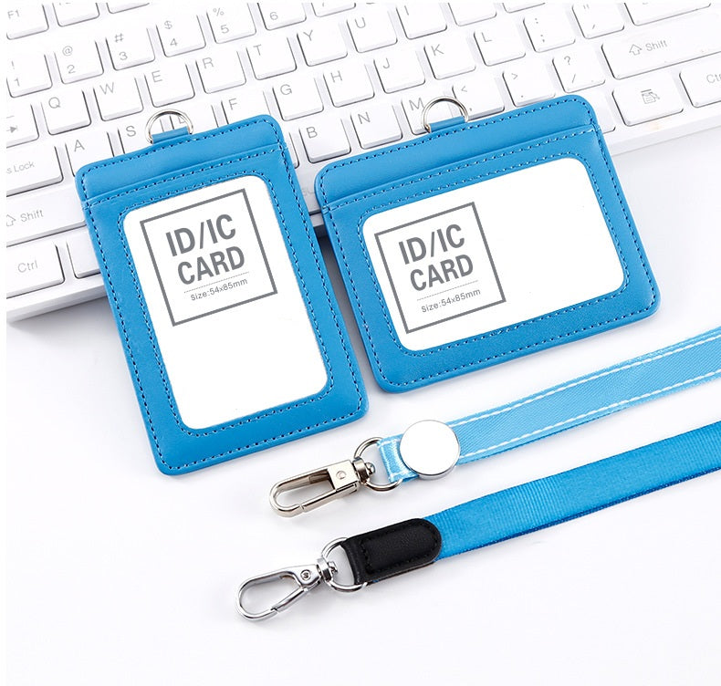 Genuine Leather ID Card Holder Set with Lanyard | Landscape & Portrait (2-Pack)