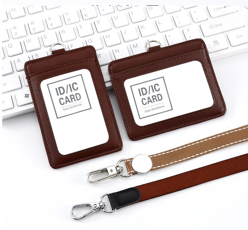 Genuine Leather ID Card Holder Set with Lanyard | Landscape & Portrait (2-Pack) Brown