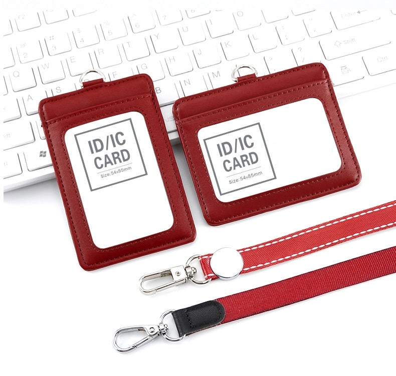 Genuine Leather ID Card Holder Set with Lanyard | Landscape & Portrait (2-Pack) Red