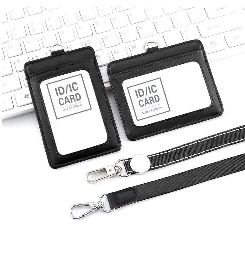 Genuine Leather ID Card Holder Set with Lanyard | Landscape & Portrait (2-Pack) Black