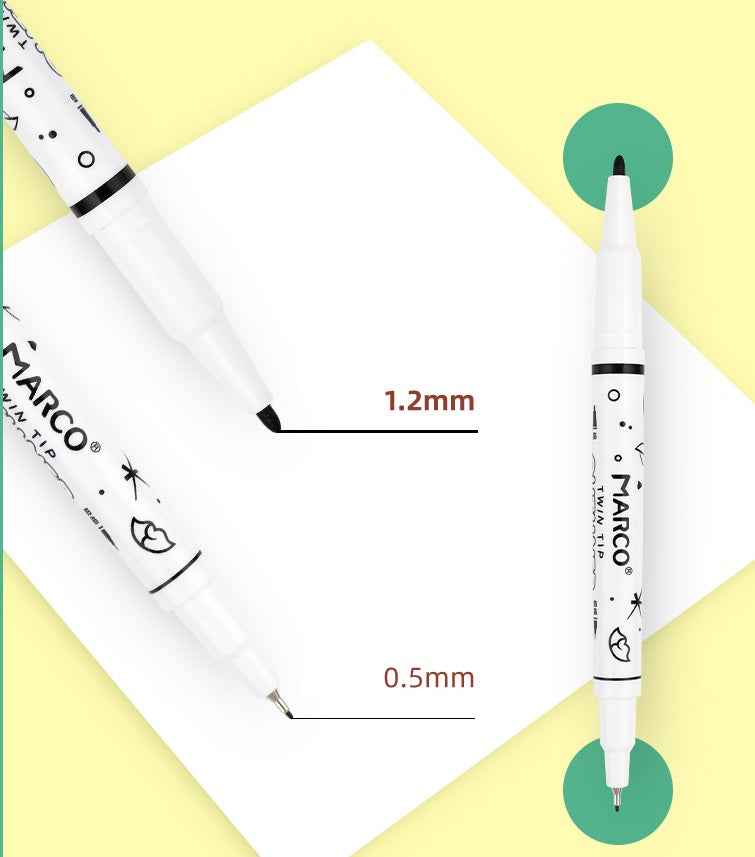 MARCO Dual Tip Permanent Markers Fineliner Drawing Pen Black 12 Pack