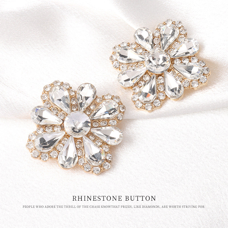 28mm Women's Golden Metal Buttons with Petal Shaped Rhinestones 4pcs