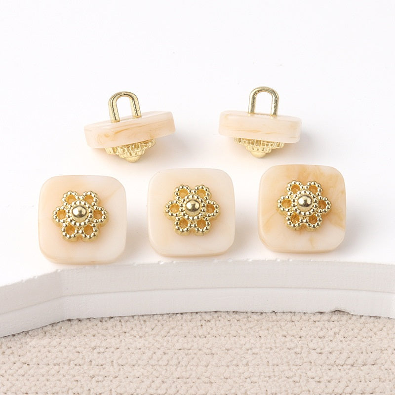 10mm Chinese Style Square Resin Buttons with Metal Shanks 20pcs Beige