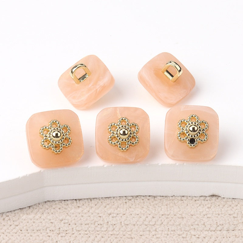 10mm Chinese Style Square Resin Buttons with Metal Shanks 20pcs Pink