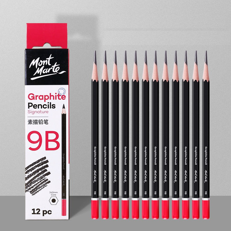 Mont Marte 12-Piece Wooden Sketch Pencil Set | 4mm Lead | Grades 3H to 10B | Drawing & Shading Pencils for Artists 9B