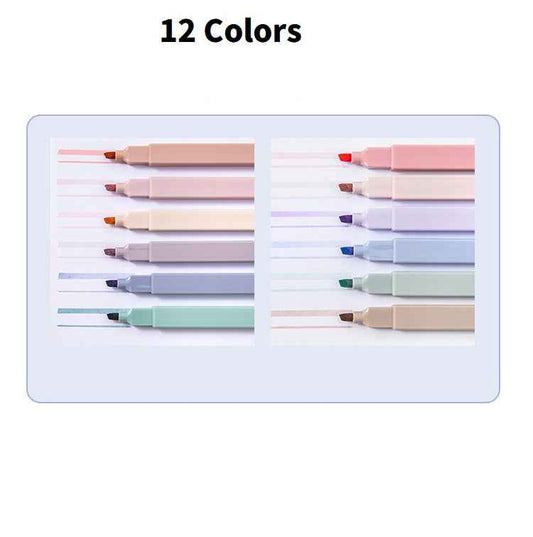 12-Color Large Highlighter Set – Morandi Tones, Soft Axe-Shaped Tip
