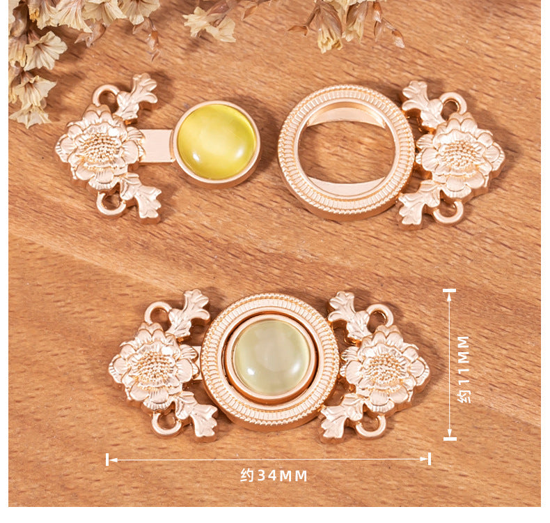 Antique Chinese Lotus Flower Cat's Eye Stone Metal Lock Buttons 8 Pack