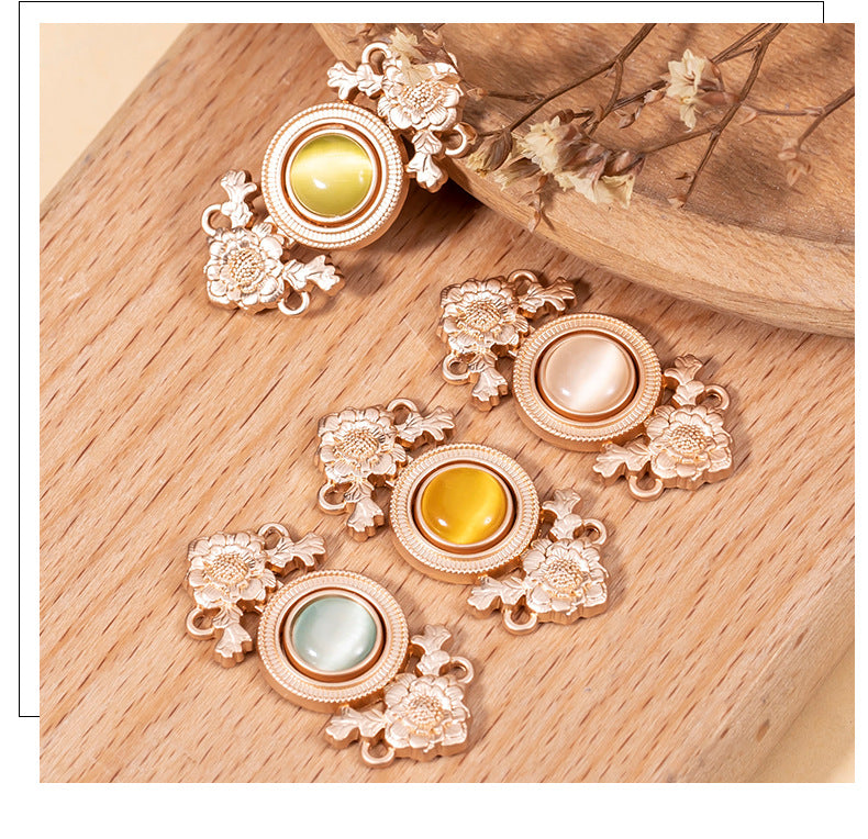 Antique Chinese Lotus Flower Cat's Eye Stone Metal Lock Buttons 8 Pack
