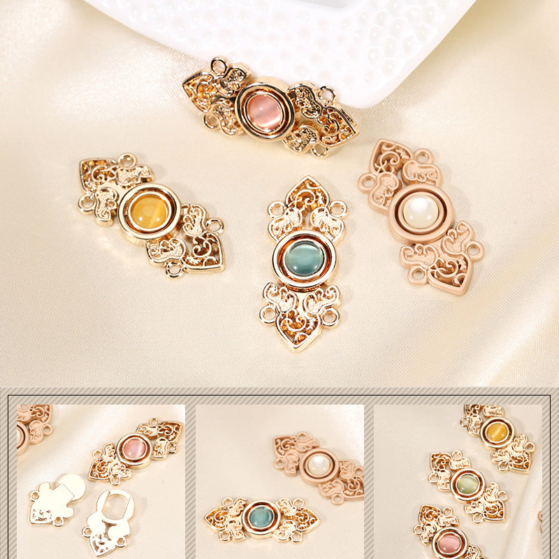 Chinese Hanfu Cheongsam Metal Buttons Light Gold with Cat's Eye Stones 10 Pack