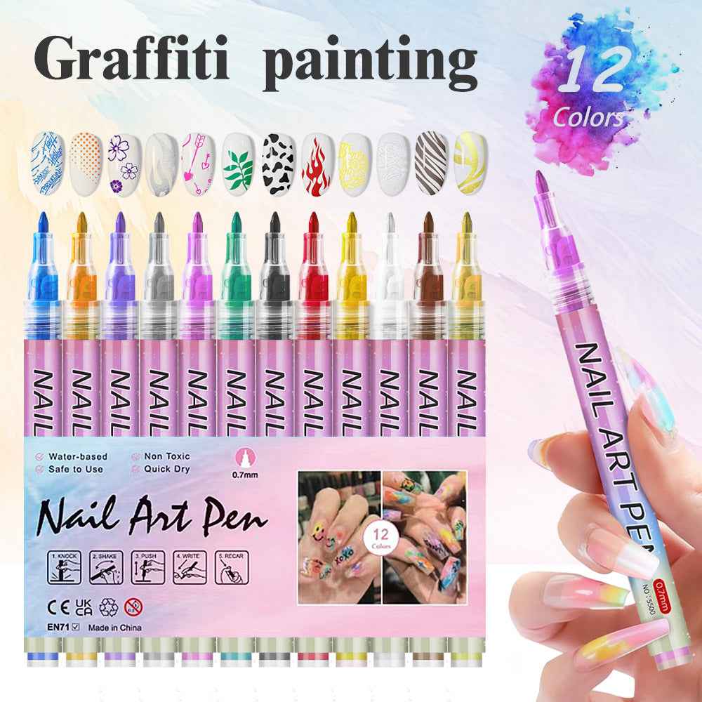 12 Colors 3D Nail Art Marker Pens Set 0.7mm