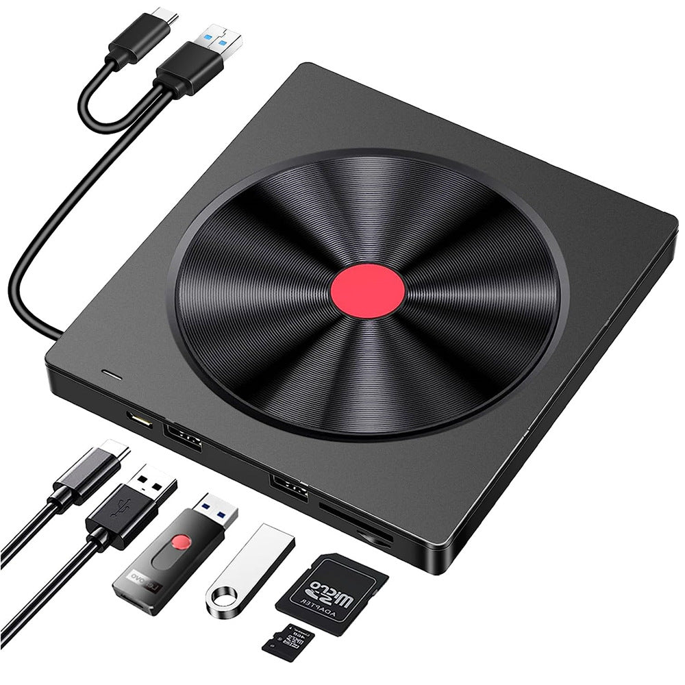 5-in-1 External CD/DVD Drive with SD/TF Card Reader | USB 3.0 & Type-C | Plug & Play | Universal for Laptop & PC