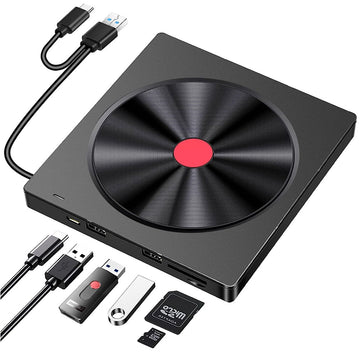 5-in-1 External CD/DVD Drive with SD/TF Card Reader | USB 3.0 & Type-C | Plug & Play | Universal for Laptop & PC