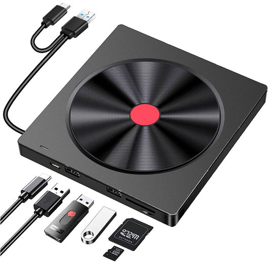 5-in-1 External CD/DVD Drive with SD/TF Card Reader | USB 3.0 & Type-C | Plug & Play | Universal for Laptop & PC