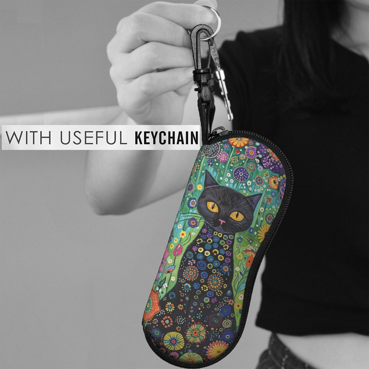 Black Cat Print Glasses Case Soft Eyewear Carrying Pouch with Keychain 2PCS