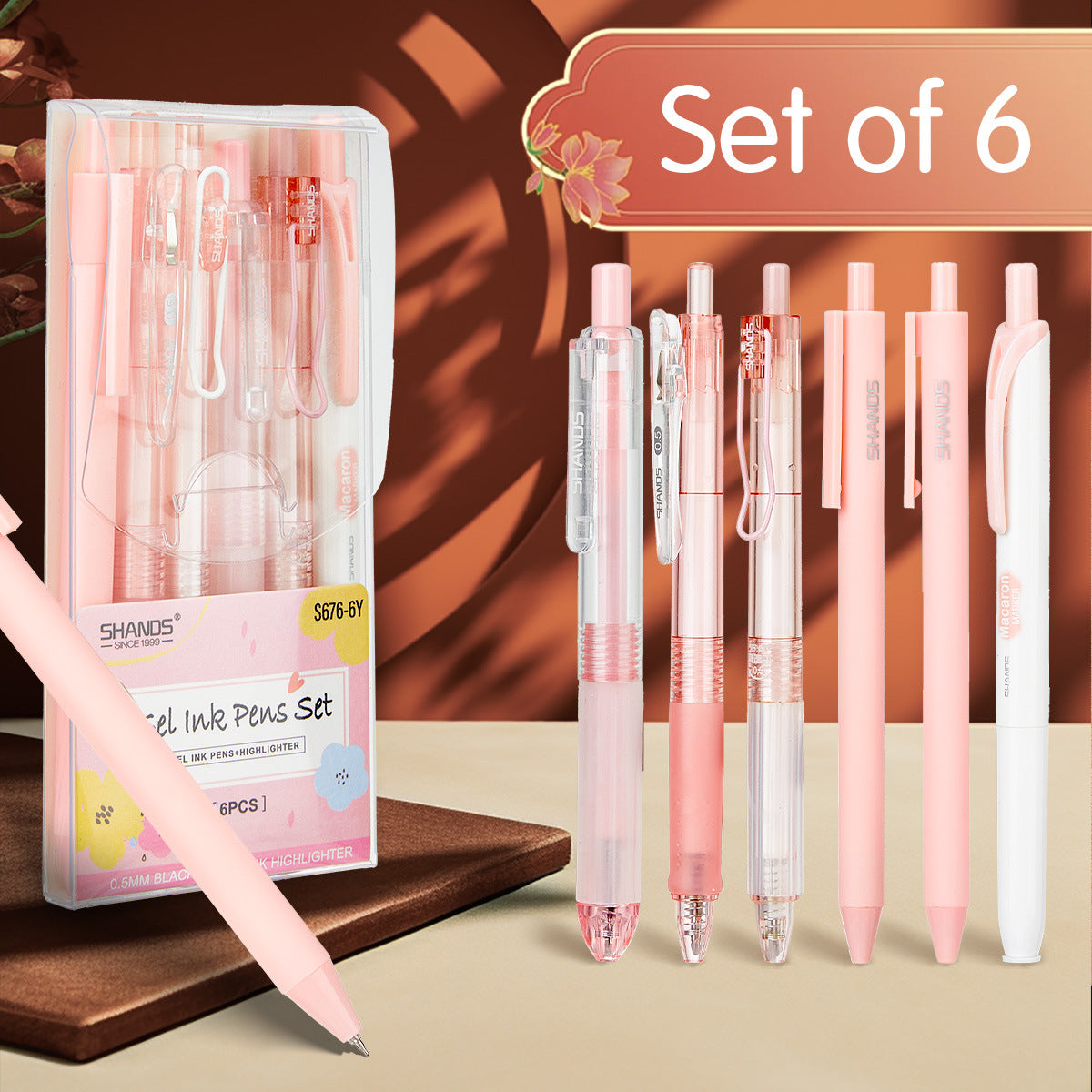 12-Pack (Peach & Coffee ) 0.5mm Black Gel Pens with Highlighters