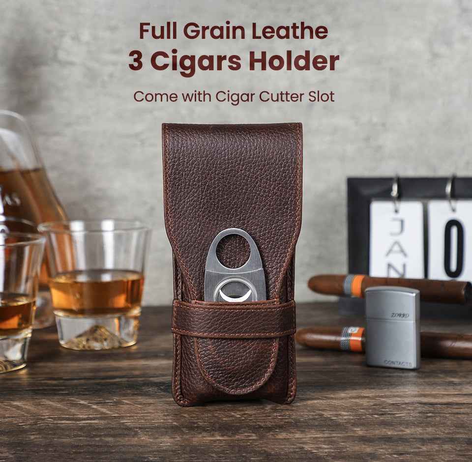 Full Grain Leather Portable 3 Cigars Case with Cigar Cutter Slot