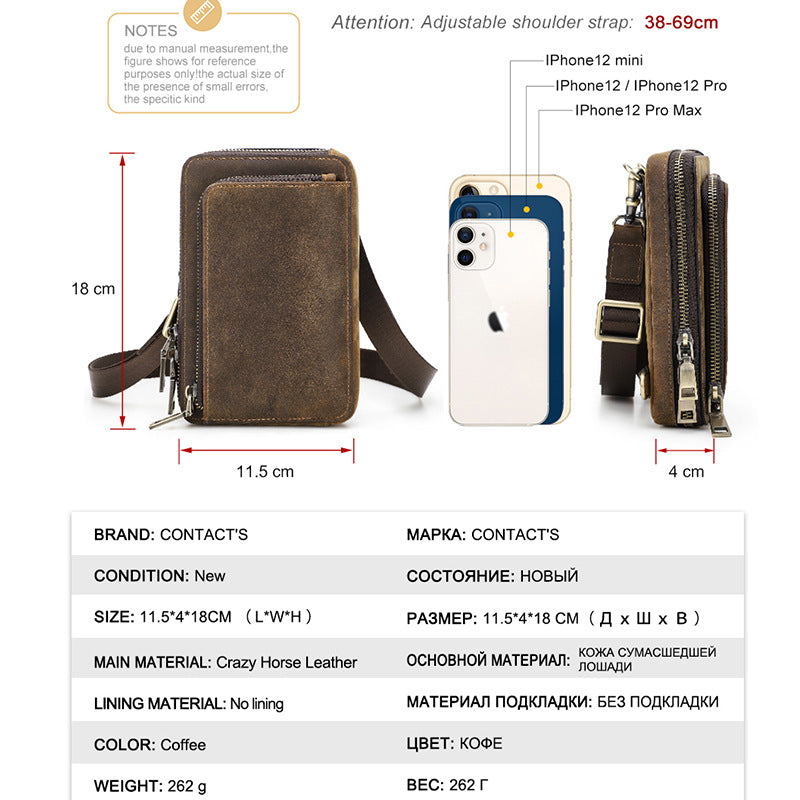 Vintage Crazy Horse Leather Phone Bag – Crossbody, Shoulder & Belt Waist Pack
