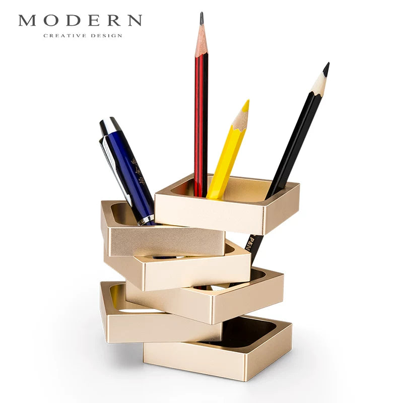 Modern Rectangular Aluminum Multi‑Purpose Pen Holder Gold