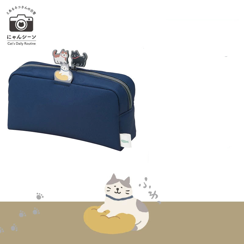 LIHIT LAB Cat's Daily Routine Box Pen Pouch Large A-2224 Indigo Blue