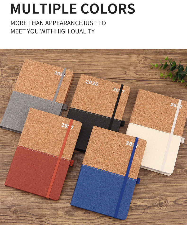 2027 A5 Planner & Business Notebook, Cork & Faux Leather Patchwork Cover, 152 Sheets, 145 × 210mm