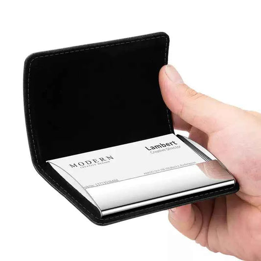 MODERN Black Leather & Stainless Steel Business Card Holder