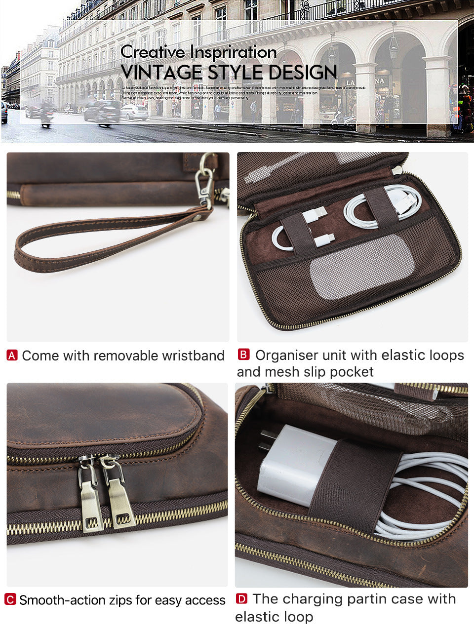 Leather Tech Organizer Bag Cable & Power Bank Carry Case for Apple Accessories