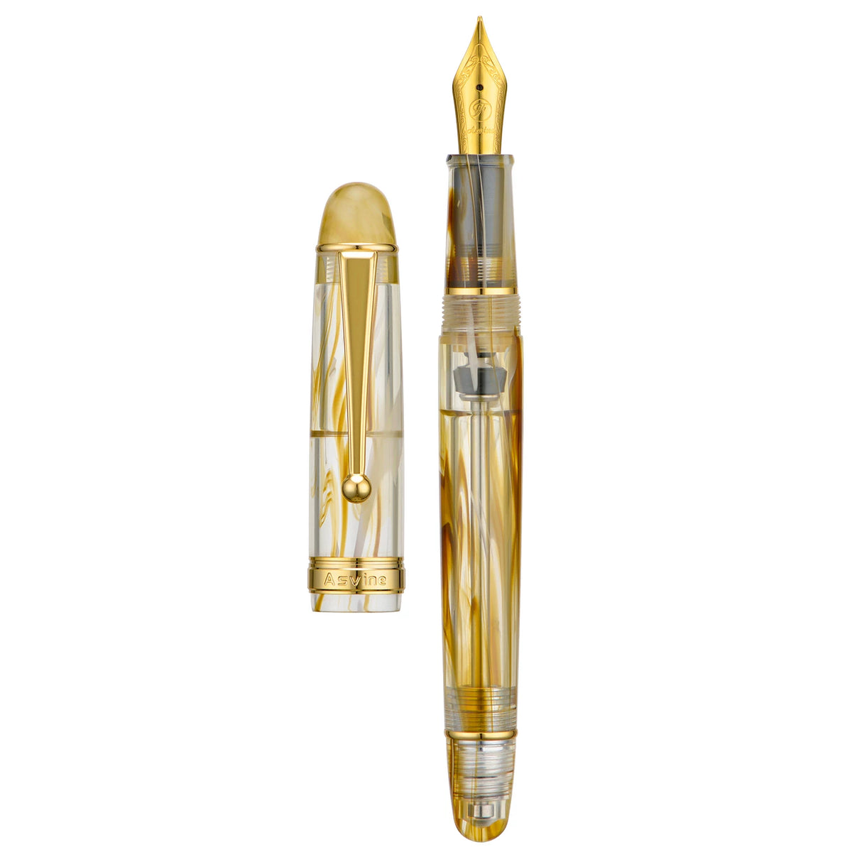 Asvine V126 Frosted Transparent Acrylic Fountain Pen | Vacuum Filling | Ink-View Barrel Gold