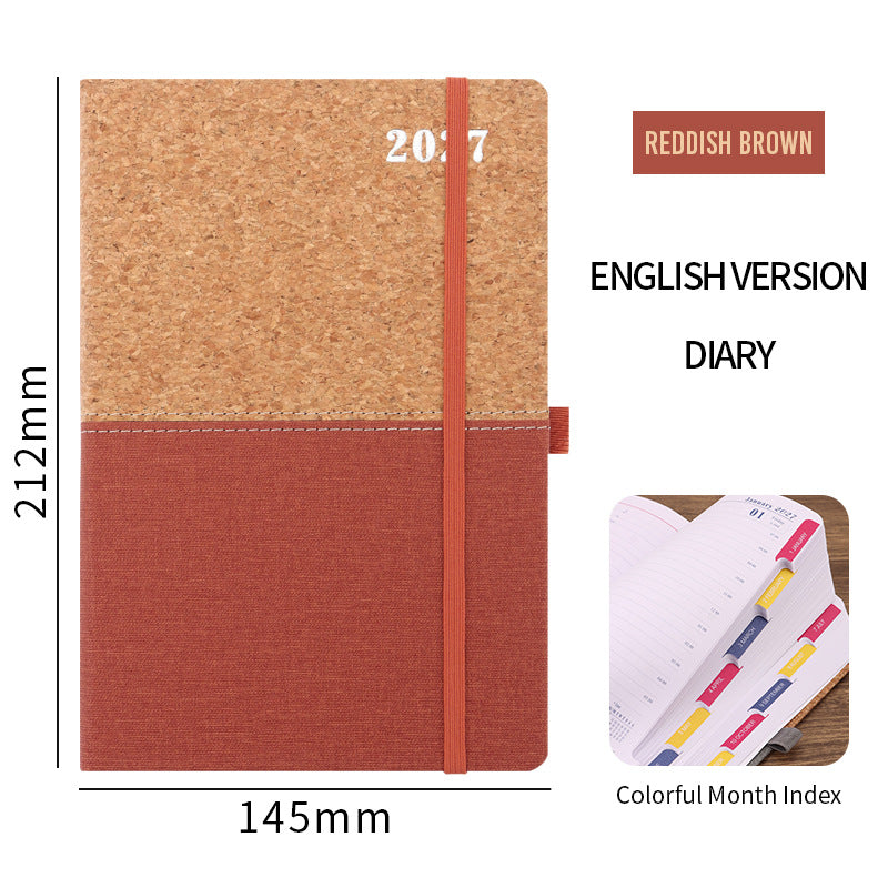 2027 A5 Planner & Business Notebook, Cork & Faux Leather Patchwork Cover, 152 Sheets, 145 × 210mm Red