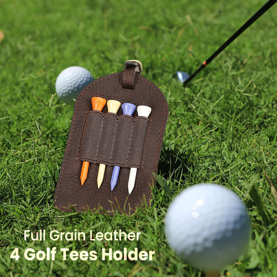 Leather Golf Ball Tee Holder – Coffee Brown Belt Clip Waist Tag Pouch Holds 4 Tees