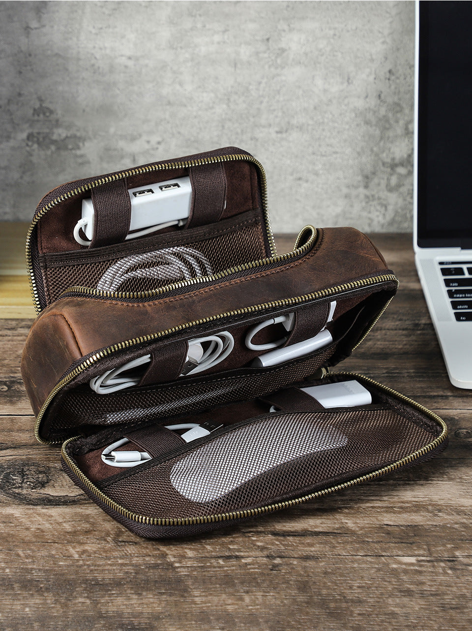 Leather Tech Organizer Bag Cable & Power Bank Carry Case for Apple Accessories