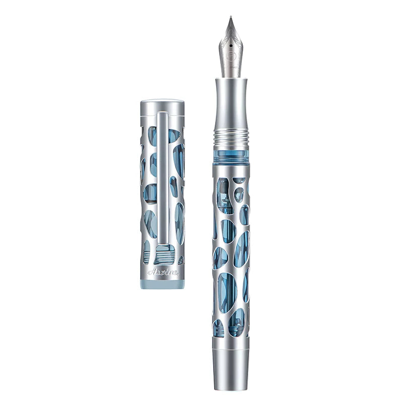 Asvine V169 Metal Hollow-Out Fountain Pen | Vacuum Filling Silver Fog Blue