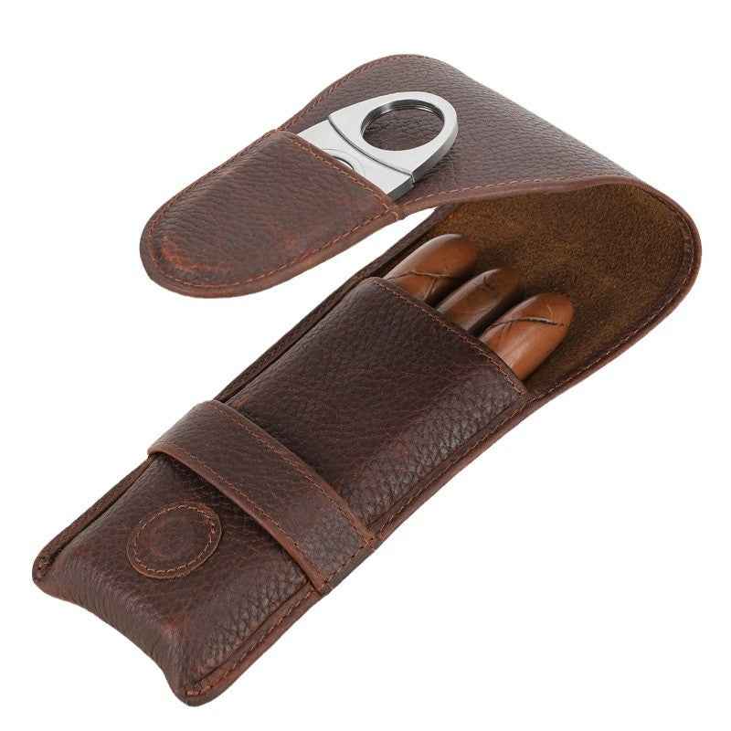 Full Grain Leather Portable 3 Cigars Case with Cigar Cutter Slot