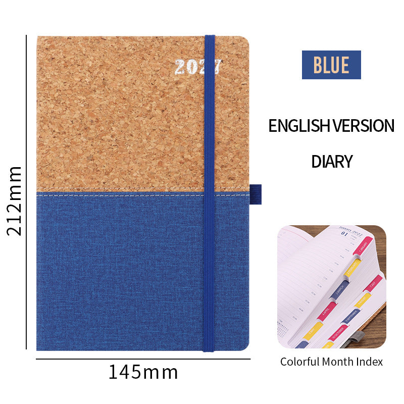 2027 A5 Planner & Business Notebook, Cork & Faux Leather Patchwork Cover, 152 Sheets, 145 × 210mm Blue