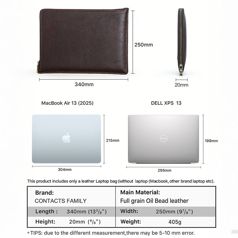 Genuine Leather Laptop Sleeve for MacBook Pro 13” – Coffee Brown with Carry Handle