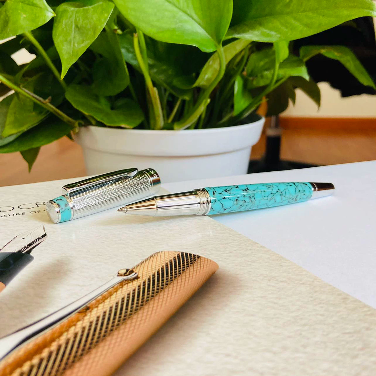 Vintage-Style Rollerball Pen, 0.6mm, Schmidt 888 F Black Ink Light Blue