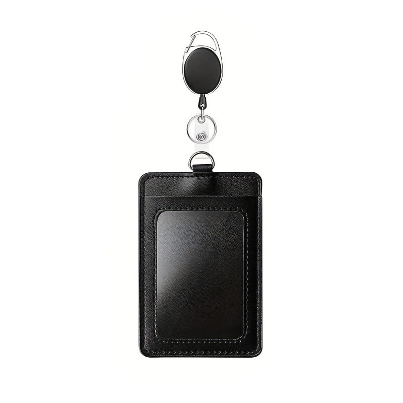 Black PU Leather ID Card Holder Set of 10 | Work Badge & Access Card Sleeve with Lanyard or Retractable Reel Clip Retractable Reel Clip