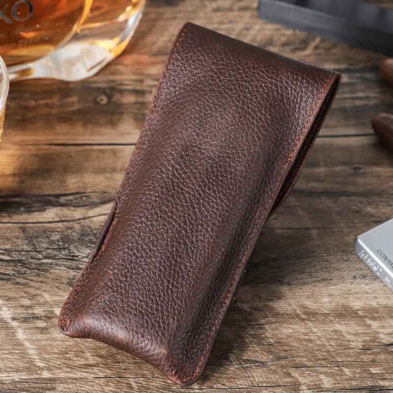 Full Grain Leather Portable 3 Cigars Case with Cigar Cutter Slot