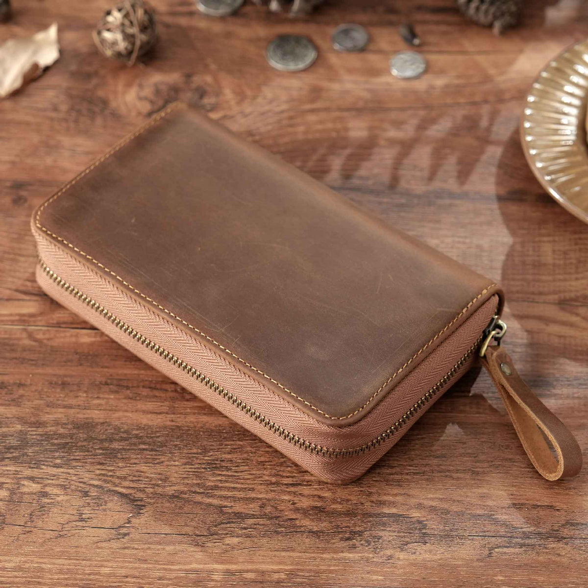 Leather Pen Case with 10 Slots – Full-Zip Fountain Pen Storage Pouch Brown