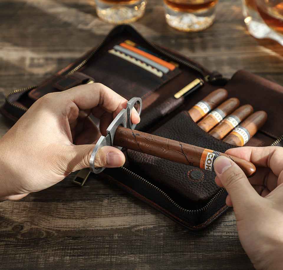 Genuine Leather Portable 5 Cigar Storage Case with Pen Holder
