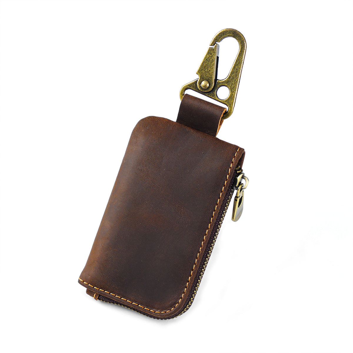 Leather Mini Coin Pouch with Keychain - Men's Belt Clip Zipper Pouch Coffee