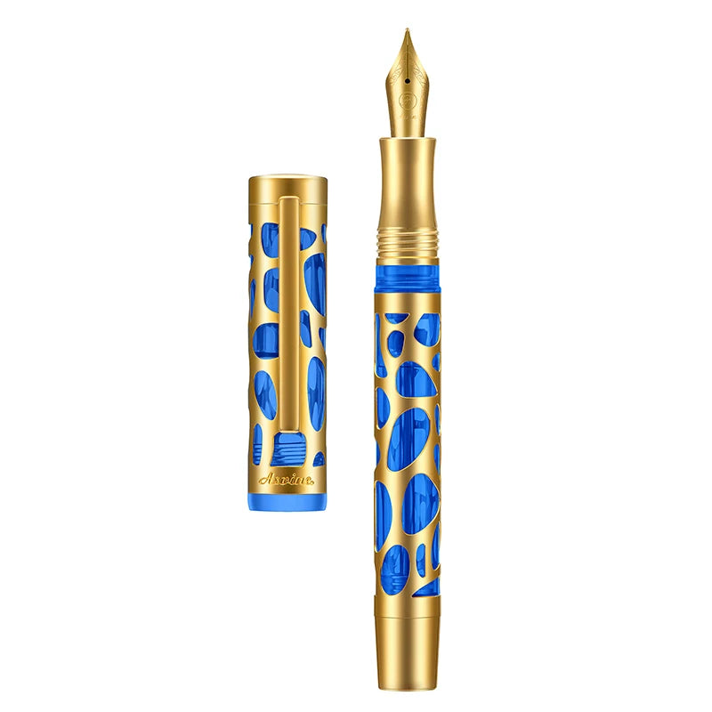 Asvine V169 Metal Hollow-Out Fountain Pen | Vacuum Filling Gold Blue